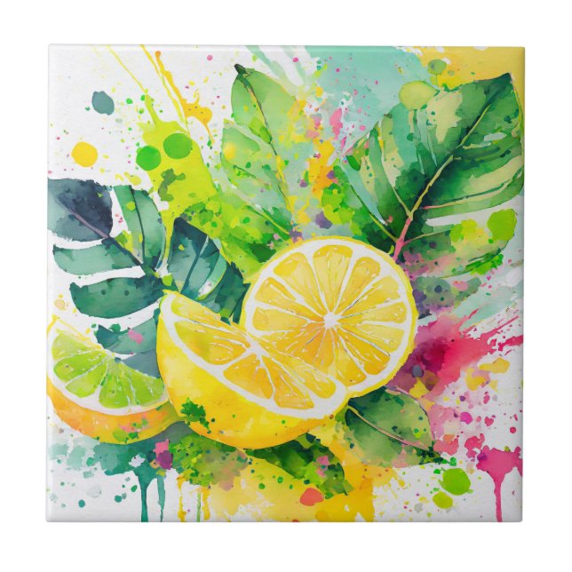 Carreau Aquarelle été Citron juteux Paint Splashes (Devant)