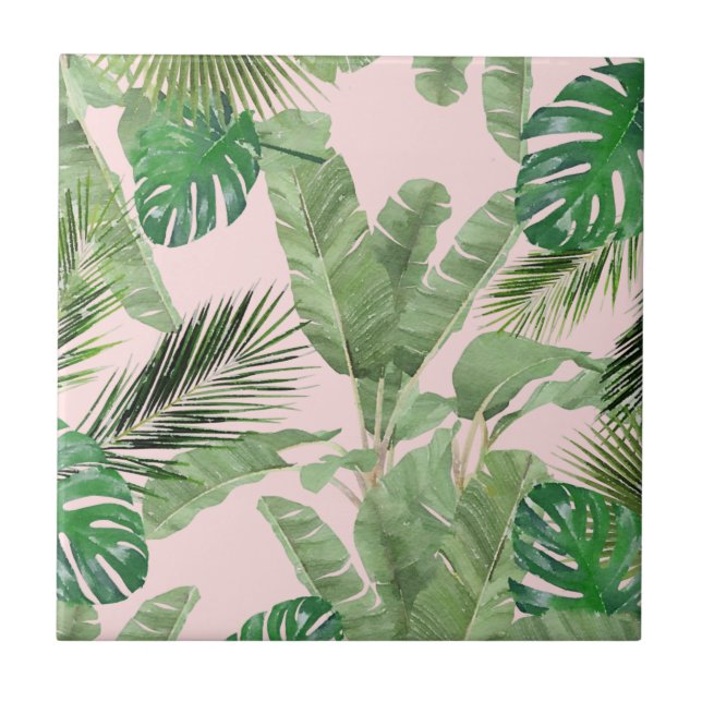 Carreau Aquarelle Feuille tropical Motif sur rose (Devant)
