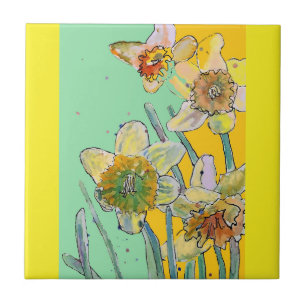 Carreau Aquarelle Fleur de Jonquille Floral Aqua Jaune
