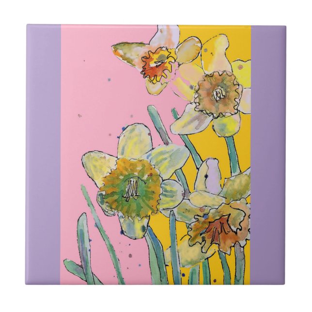 Carreau Aquarelle Fleur de Jonquille Florale Rose Jaune  (Devant)