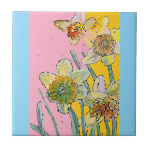 Carreau Aquarelle Fleur de Jonquille Florale Rose Jaune Bl