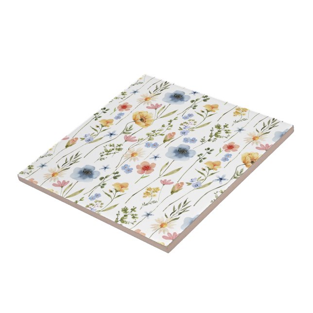 Carreau Aquarelle Fleur Sauvage Bleu Jaune Rose (Côté)