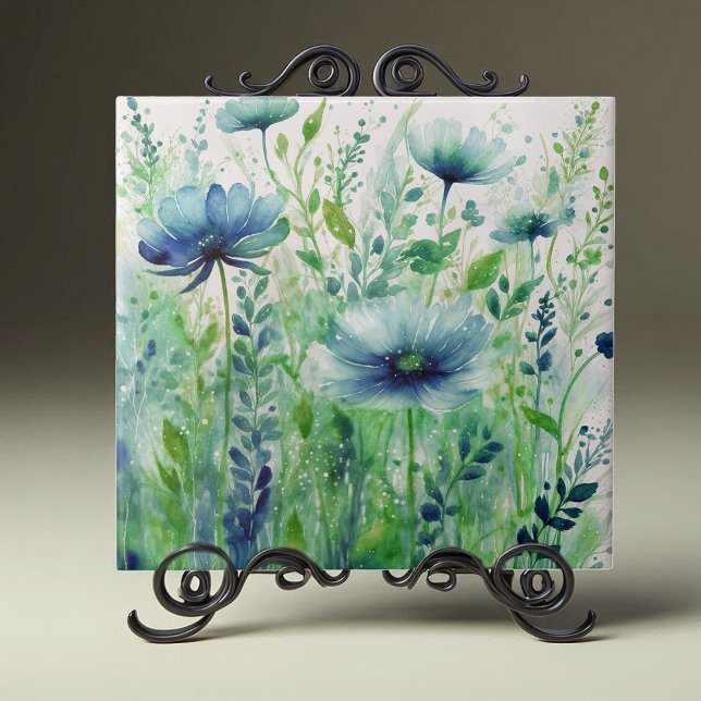 Carreau Aquarelle Fleurs bleues et feuillage vert (Créateur téléchargé)