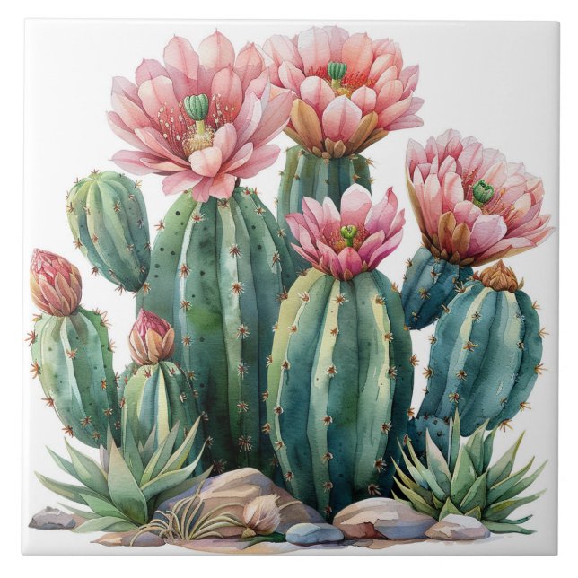 Carreau Aquarelle fleurs du désert cactus. (Devant)