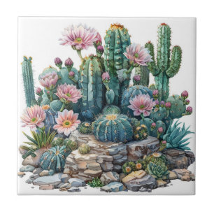 Carreau Aquarelle fleurs du désert cactus.