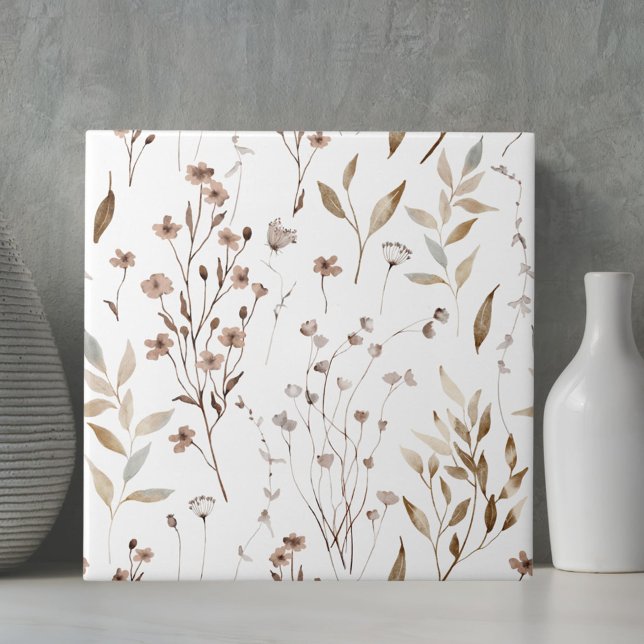 Carreau Aquarelle Floral Botanique Brun Rustique d'Hiver (Close up)