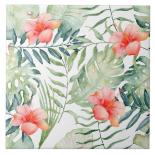 Carreau Aquarelle florale de ketmie tropicale de feuille