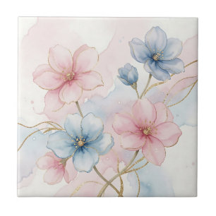 Carreau Aquarelle florale élégante rose et bleue