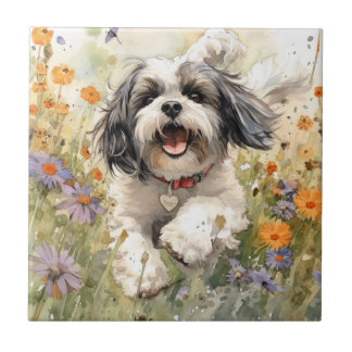 Carreau Aquarelle florale Shih Tzu courant à travers la fl