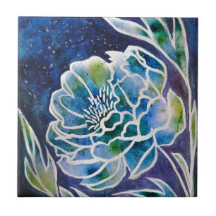 Carreau Aquarelle florale Turquoise bleu Dahlia Navy