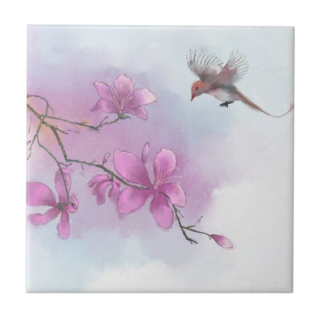 Carreau Aquarelle Flore rose & Faune Art Jardin Scènes (Devant)
