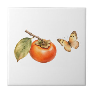 Carreau Aquarelle Fruit de kaki et papillon