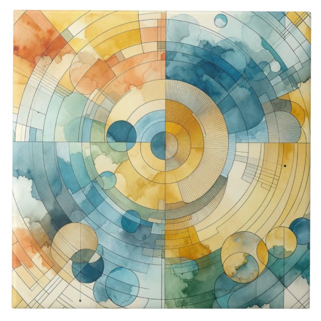 Carreau Aquarelle géométrique bleu et jaune Abstrait (Devant)