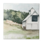 Carreau Aquarelle Grange blanche<br><div class="desc">Aquarelle Grange III par Jennifer Paxton Parker. Dispose d'une grange blanche sur le côté dans un champ arboré.</div>