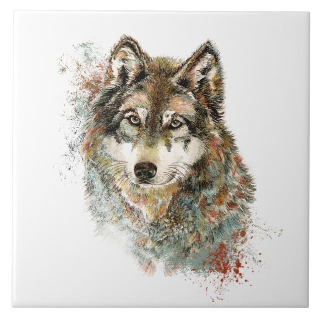 Carreau Aquarelle Gris Loup Faune Animal Nature Art (Devant)