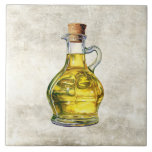 Carreau Aquarelle Huile d'olive Bouteille Faux Texture<br><div class="desc">Design graphique rustique aquarelle d'une jolie bouteille d'huile d'olive sur un arrière - plan de fausse texture. Un air de pays vintage. Idéal pour votre pays Cuisine française ou maison de campagne.</div>