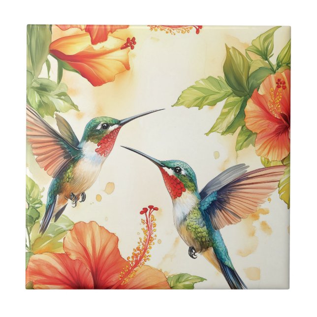 Carreau Aquarelle Hummingbird and Flowers Design (Devant)