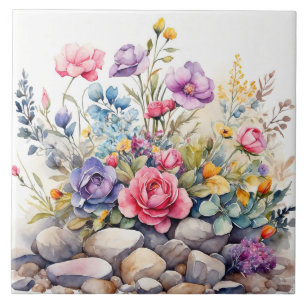 Carreau Aquarelle Jardin Fleurs sur les rochers