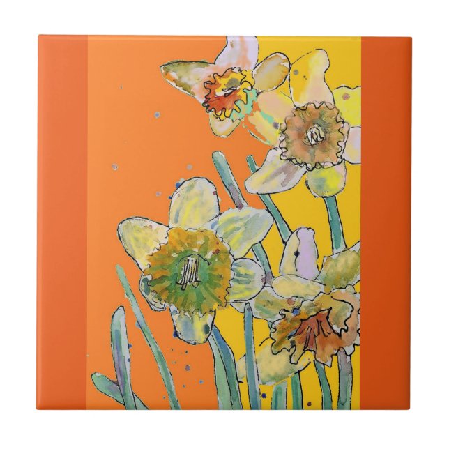 Carreau Aquarelle Jonquille Fleur Florale Orange Jaune (Devant)