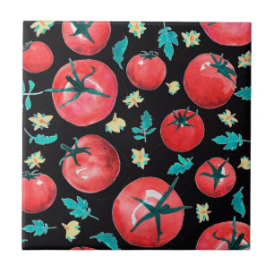 Carreau Aquarelle joueuse Motif de tomates rouges sur noir