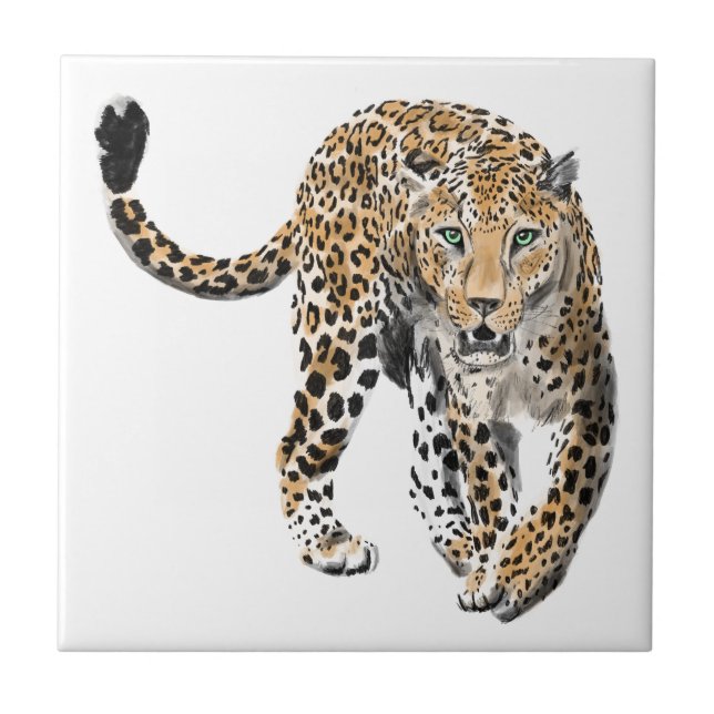 Carreau aquarelle léopard jungle chat animal peint vert (Devant)