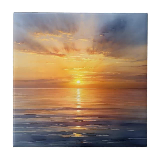 Carreau Aquarelle Lever de soleil sur mer calme (Devant)