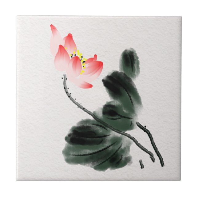 Carreau Aquarelle Lotus Floral Chinoiserie Enk Wash Art (Devant)