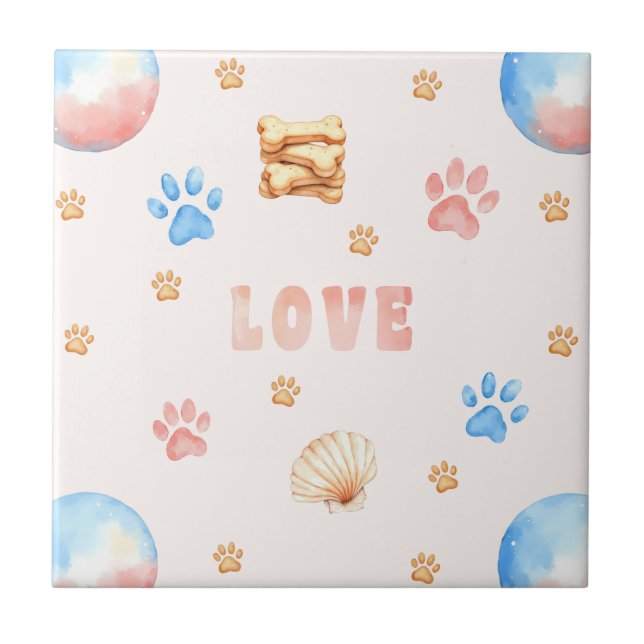 Carreau Aquarelle "LOVE" Design avec Empreintes de pattes  (Devant)