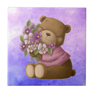 Carreau Aquarelle mignonne Ours En Teddy Bouquet Fleurs de