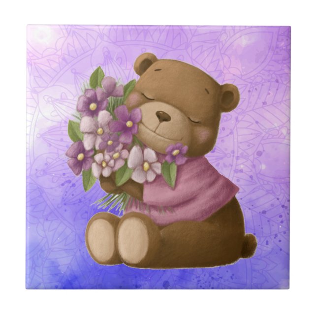 Carreau Aquarelle mignonne Ours En Teddy Bouquet Fleurs de (Devant)