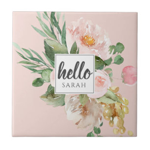 Carreau Aquarelle moderne Fleurs roses & Bonjour & Nom