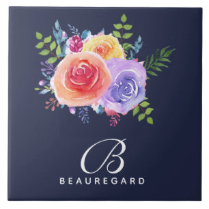 Carreau Aquarelle moderne Rose Bouquet Floral Monogramme