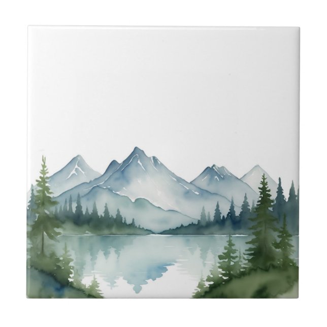 Carreau Aquarelle Montagnes et pins verts Nature (Devant)