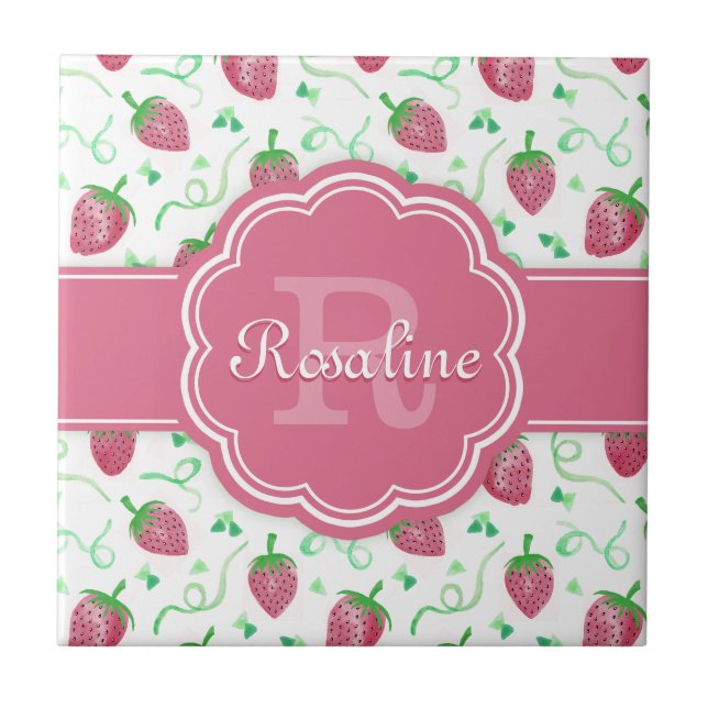 Carreau Aquarelle Motif fraise avec Monogramme (Devant)