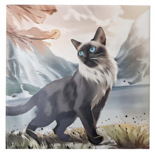 Carreau Aquarelle Noir et Blanc Fluffin Chat dans la natur