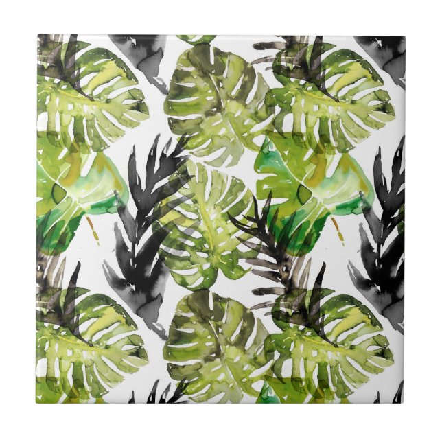 Carreau Aquarelle Noir Vert Tropical Feuille Motif (Devant)