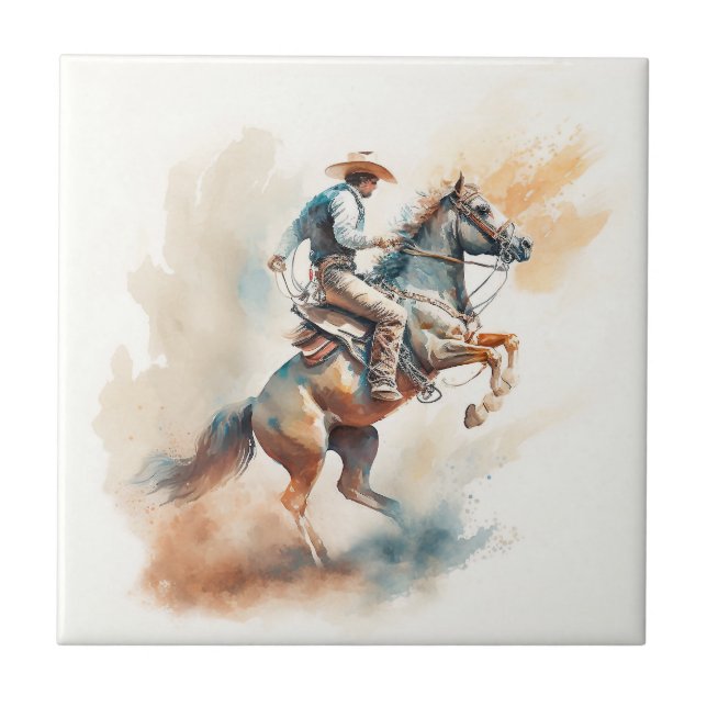 Carreau Aquarelle occidentale poussiéreuse « Bucking Bronc (Devant)