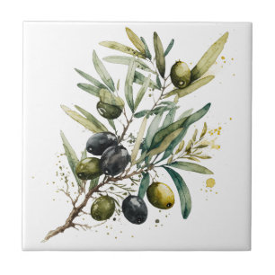 Carreau Aquarelle olives noires et vertes sur une branche
