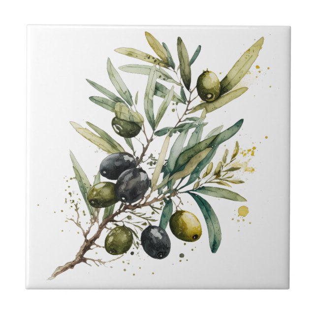 Carreau Aquarelle olives noires et vertes sur une branche (Devant)