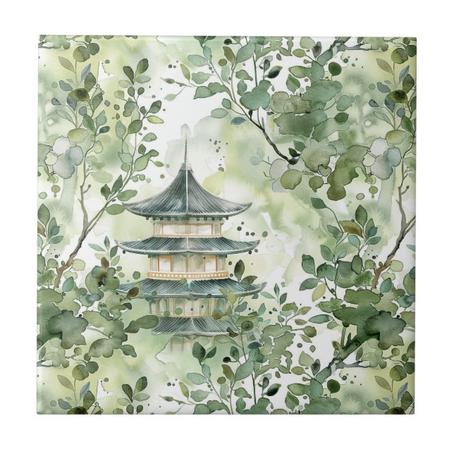 Carreau Aquarelle Pagode asiatique dans paysage verdoyant  (Devant)