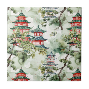Carreau Aquarelle Pagode asiatique dans paysage verdoyant 