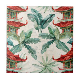 Carreau Aquarelle Pagode asiatique dans paysage verdoyant 