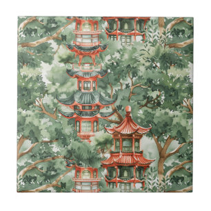 Carreau Aquarelle Pagode asiatique dans paysage verdoyant 