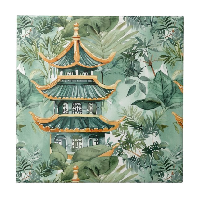 Carreau Aquarelle Pagode asiatique dans paysage verdoyant  (Devant)