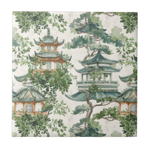 Carreau Aquarelle Pagode asiatique dans paysage verdoyant