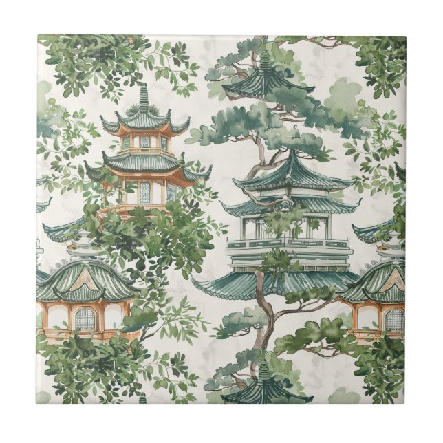 Carreau Aquarelle Pagode asiatique dans paysage verdoyant  (Devant)