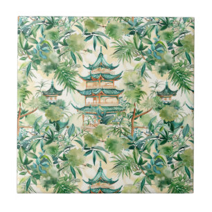 Carreau Aquarelle Pagode asiatique dans paysage verdoyant 