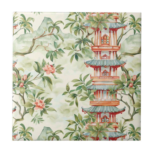 Carreau Aquarelle Pagode asiatique dans paysage verdoyant  (Devant)