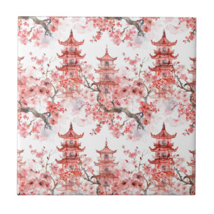 Carreau Aquarelle Pagode chinoise avec fleurs de cerisiers