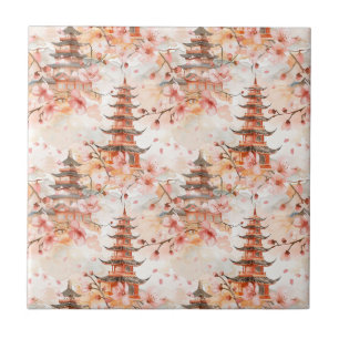 Carreau Aquarelle Pagode chinoise avec fleurs de cerisiers